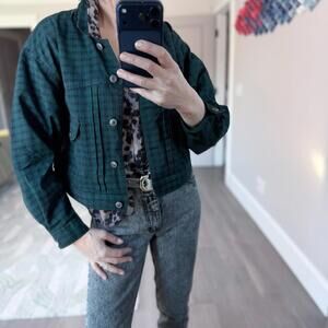 Vintage 80s Inner View Green & Black Plaid Cropped Jacket Size M